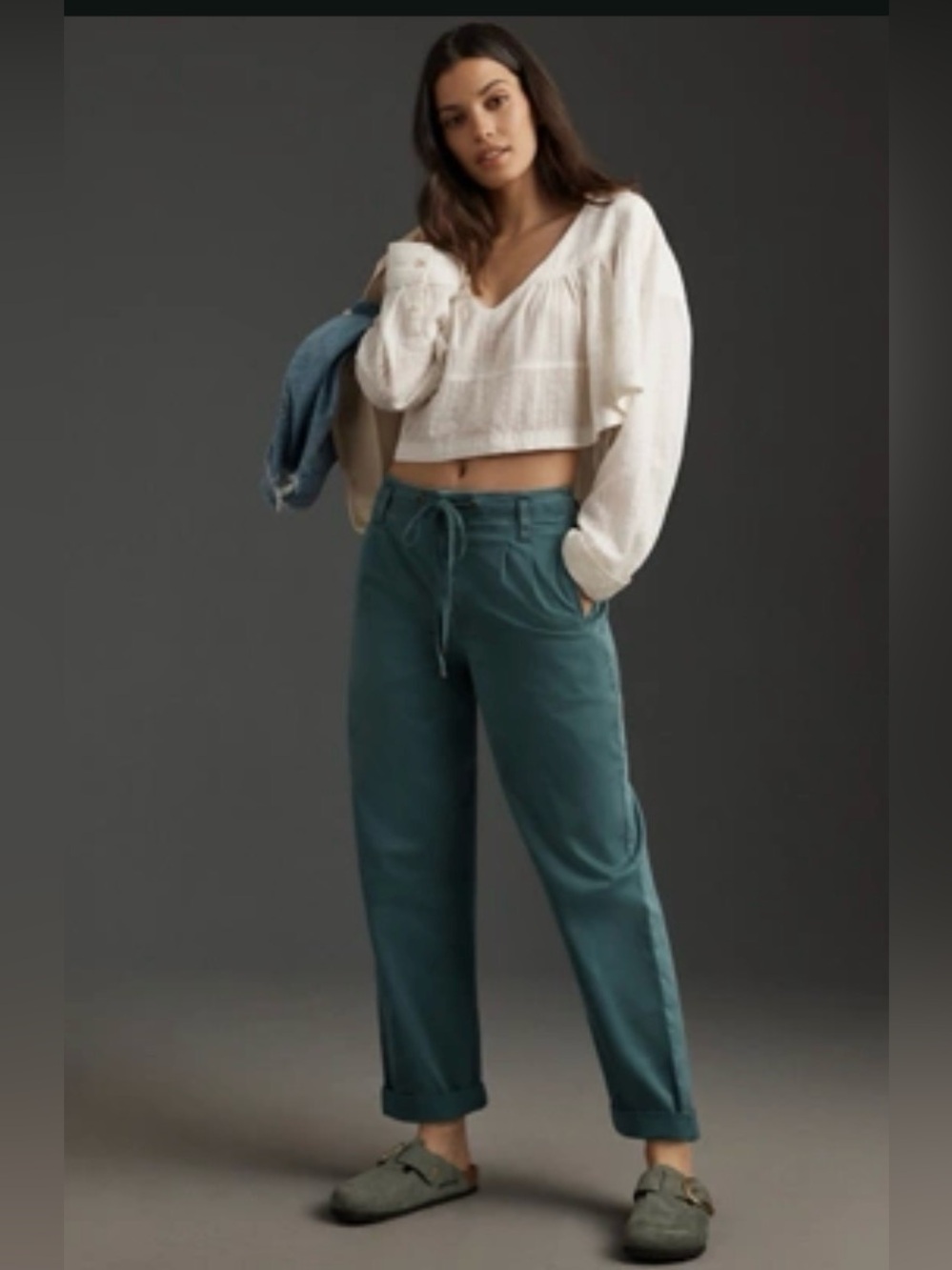 Anthropologie Pilcro low rise teal turquoise chino pants drawstring barrel sz L